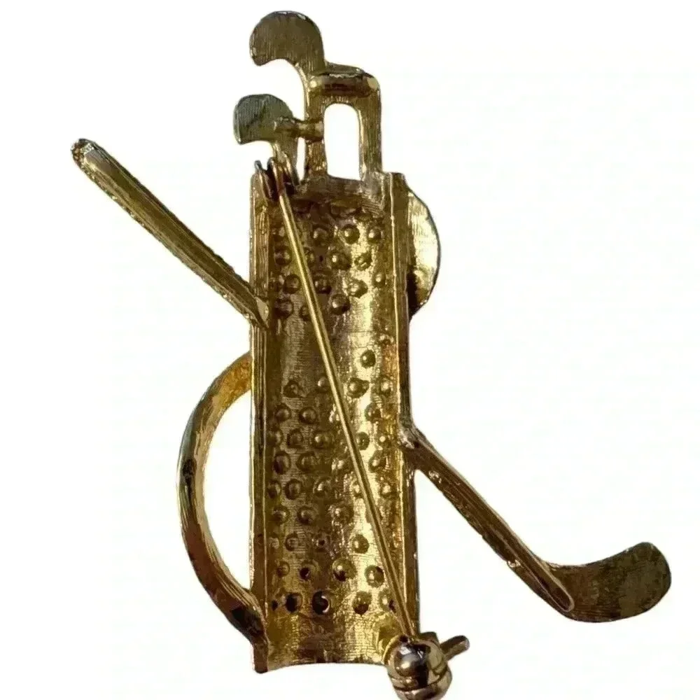 Golf Bag Rhinestone Brooch | Vintage Golfing Sweater Pin | 1980s Gold Tone Metal - Picture 4 of 7